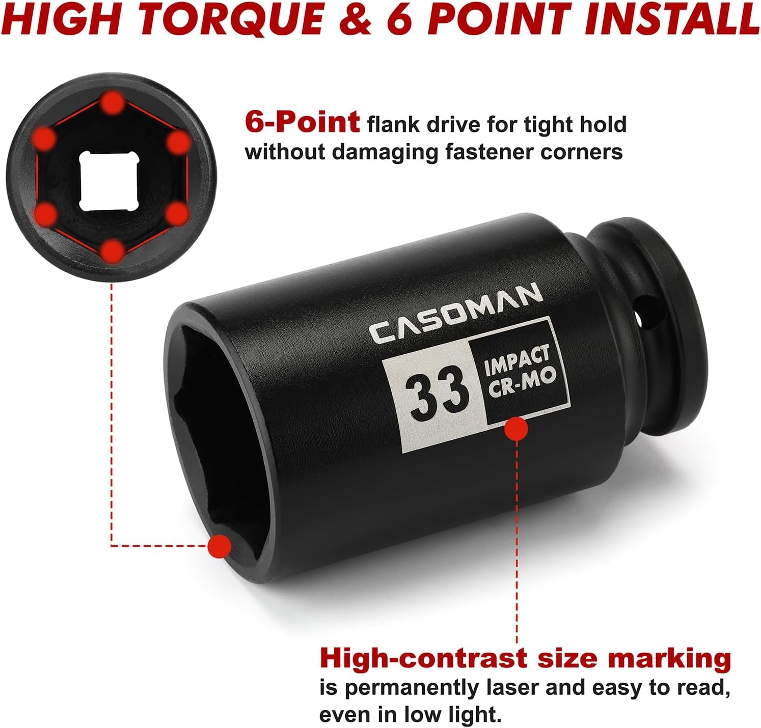 Upgrade your toolbox with the CASOMAN 1/2" Drive Deep Impact Socket Set! Perfect for tackling axle nut jobs, this 9-piece set covers all your metric needs from 29mm to 38mm. Rugged 6-point design for maximum grip!