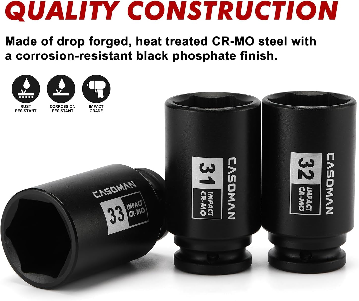 Upgrade your toolbox with the CASOMAN 1/2" Drive Deep Impact Socket Set! Perfect for tackling axle nut jobs, this 9-piece set covers all your metric needs from 29mm to 38mm. Rugged 6-point design for maximum grip!