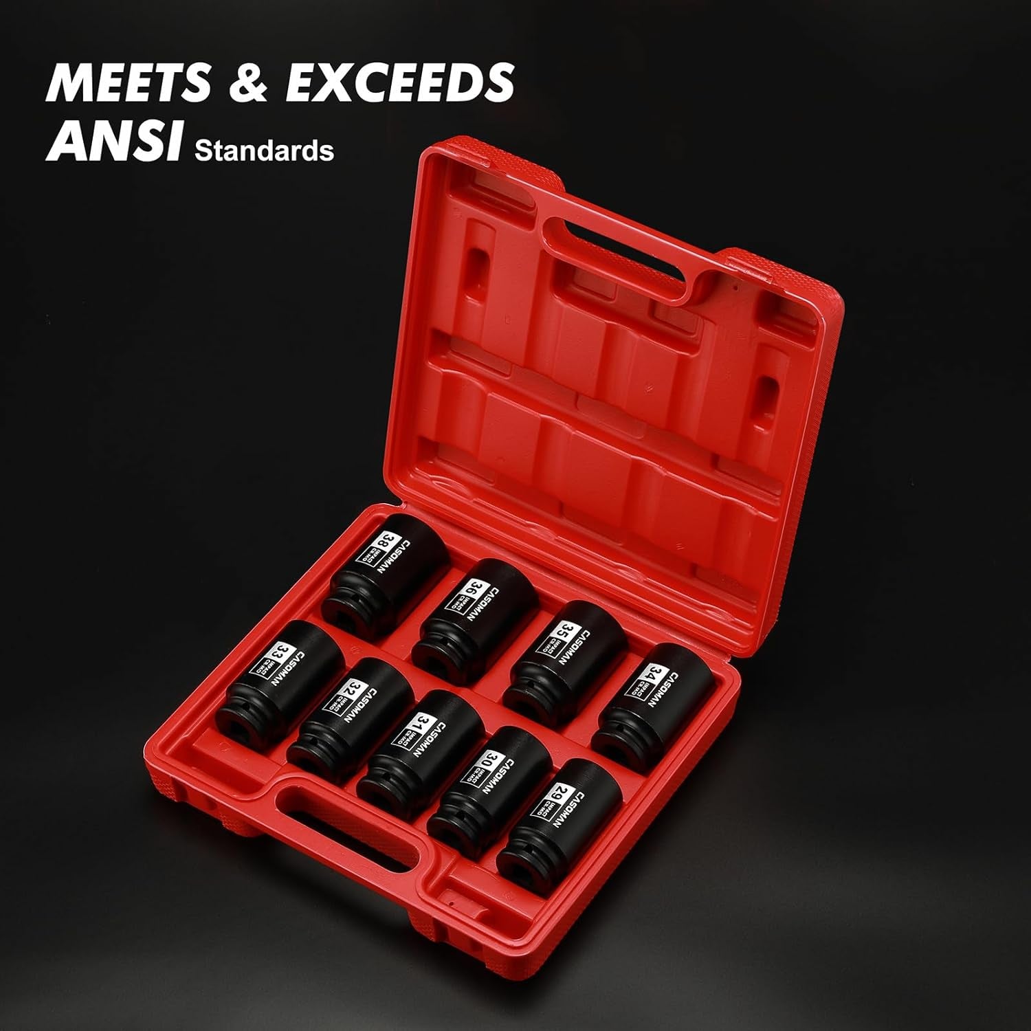 Upgrade your toolbox with the CASOMAN 1/2" Drive Deep Impact Socket Set! Perfect for tackling axle nut jobs, this 9-piece set covers all your metric needs from 29mm to 38mm. Rugged 6-point design for maximum grip!