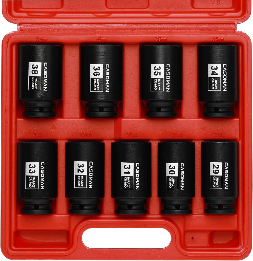 Upgrade your toolbox with the CASOMAN 1/2" Drive Deep Impact Socket Set! Perfect for tackling axle nut jobs, this 9-piece set covers all your metric needs from 29mm to 38mm. Rugged 6-point design for maximum grip!