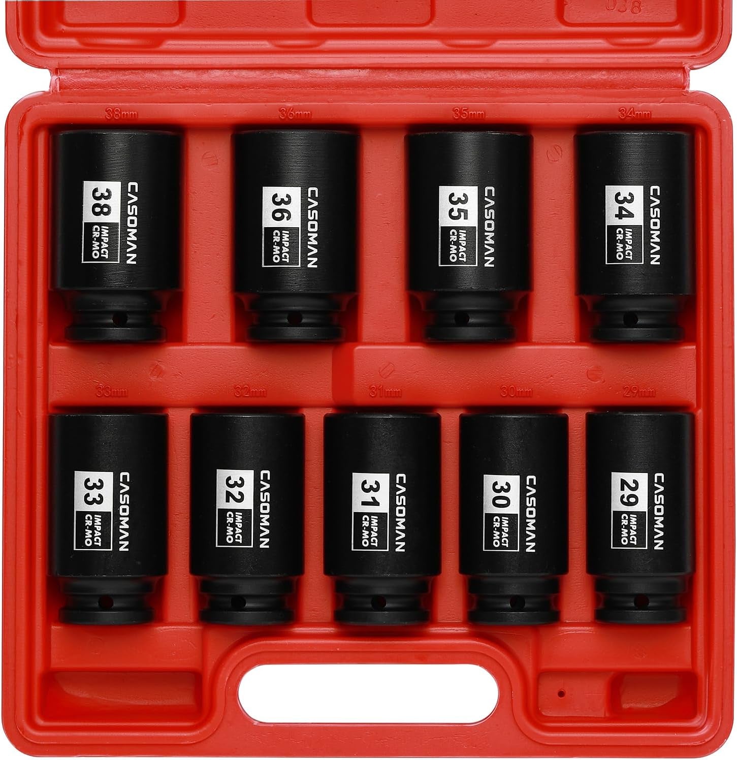 Upgrade your toolbox with the CASOMAN 1/2" Drive Deep Impact Socket Set! Perfect for tackling axle nut jobs, this 9-piece set covers all your metric needs from 29mm to 38mm. Rugged 6-point design for maximum grip!
