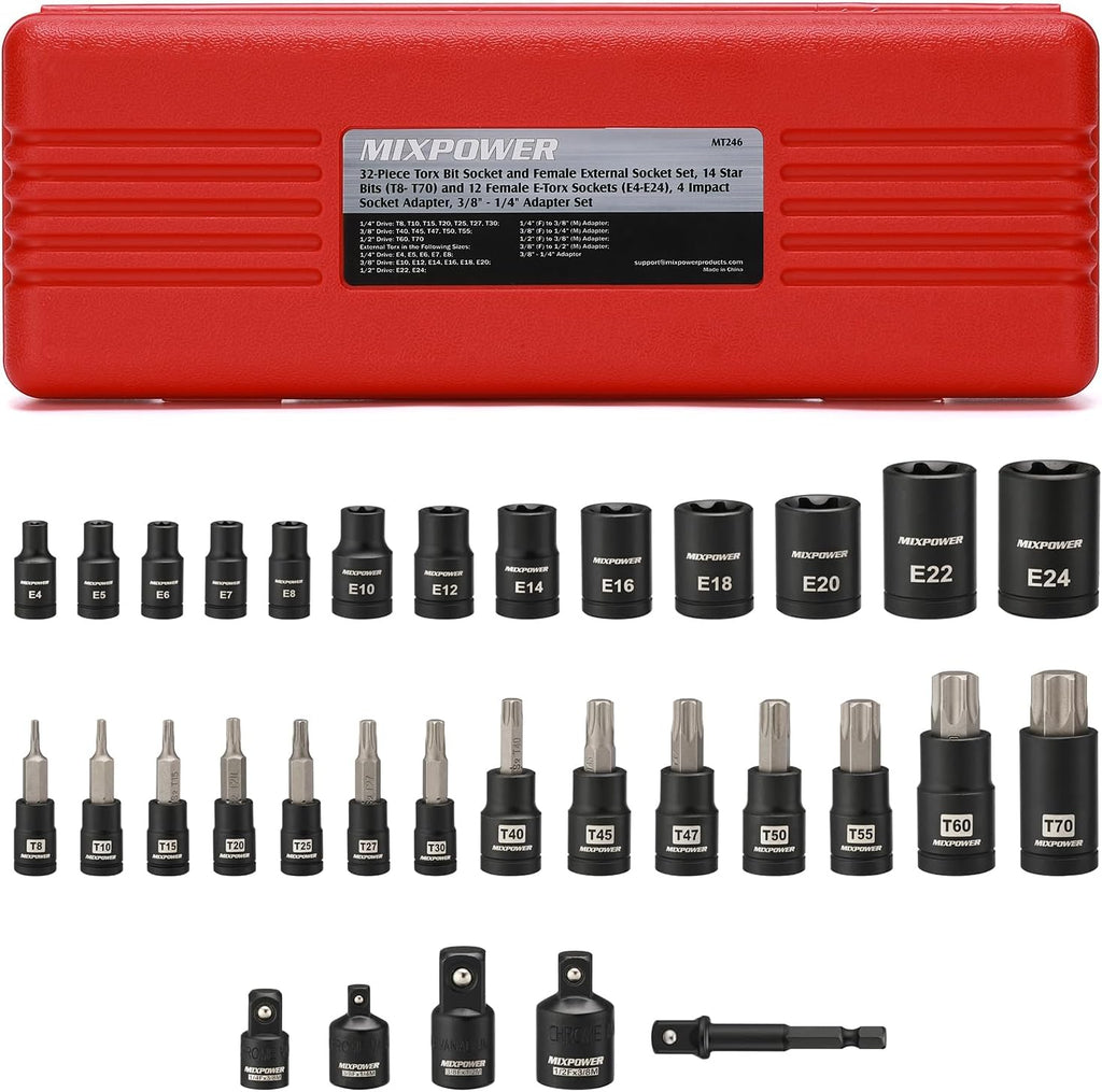 Unlock your DIY potential with the MIXPOWER 32PCS Torx Bit Socket Set! Perfect for tackling any project with 14 star bits & 13 E-Torx sockets made from durable CR-V & S2 alloy steel. #ToolTime #DIY #HomeImprovement