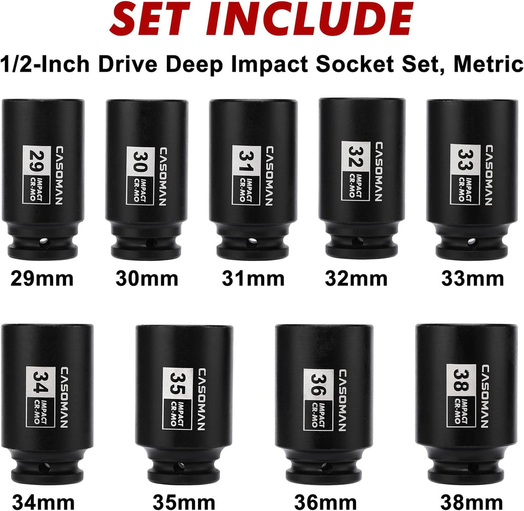 Upgrade your toolbox with the CASOMAN 1/2" Drive Deep Impact Socket Set! Perfect for tackling axle nut jobs, this 9-piece set covers all your metric needs from 29mm to 38mm. Rugged 6-point design for maximum grip!