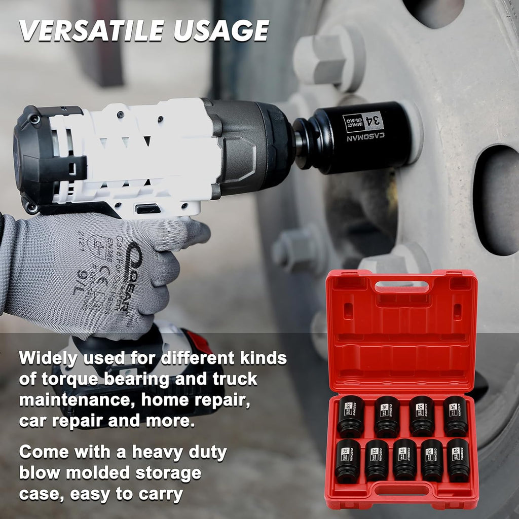 Upgrade your toolbox with the CASOMAN 1/2" Drive Deep Impact Socket Set! Perfect for tackling axle nut jobs, this 9-piece set covers all your metric needs from 29mm to 38mm. Rugged 6-point design for maximum grip!