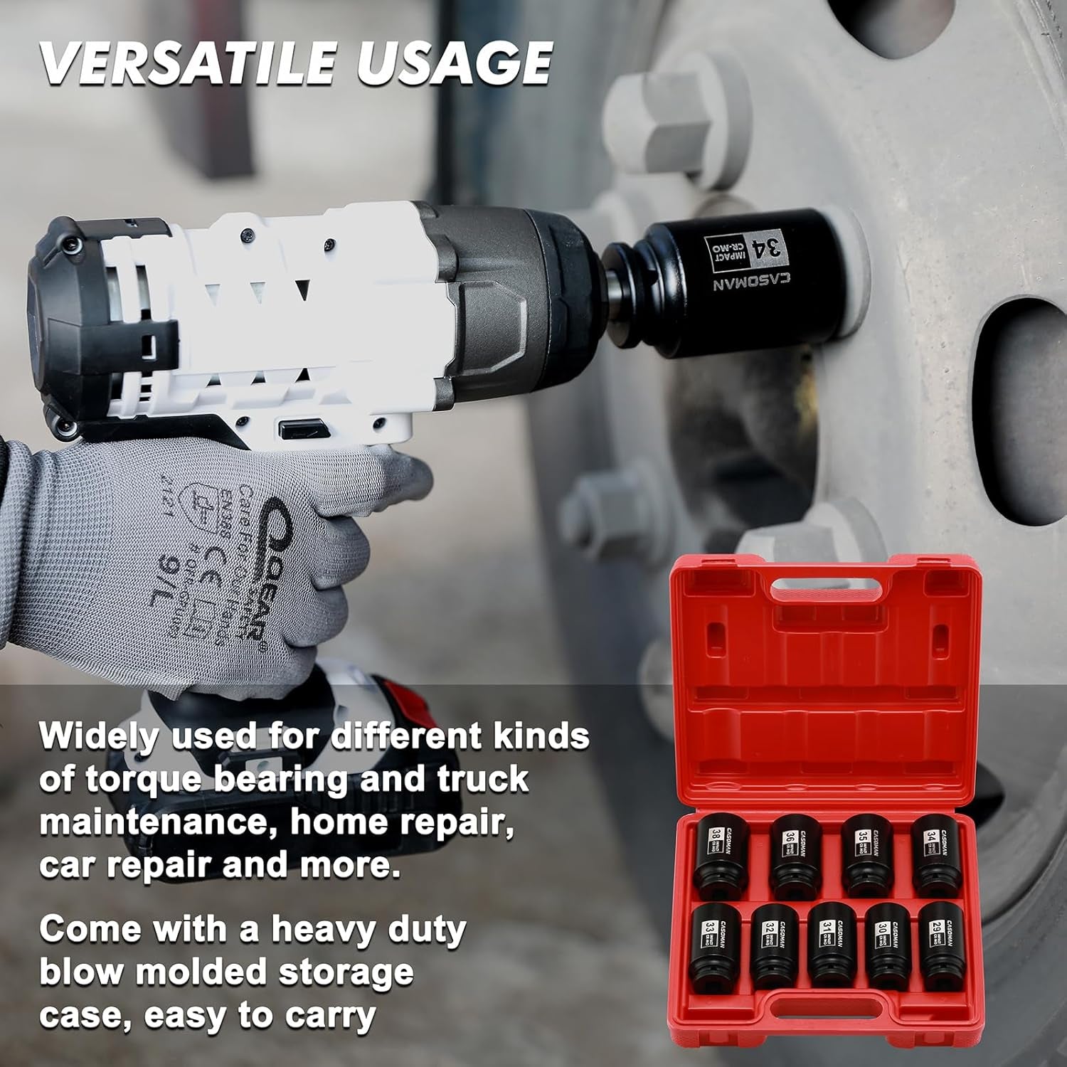 Upgrade your toolbox with the CASOMAN 1/2" Drive Deep Impact Socket Set! Perfect for tackling axle nut jobs, this 9-piece set covers all your metric needs from 29mm to 38mm. Rugged 6-point design for maximum grip!